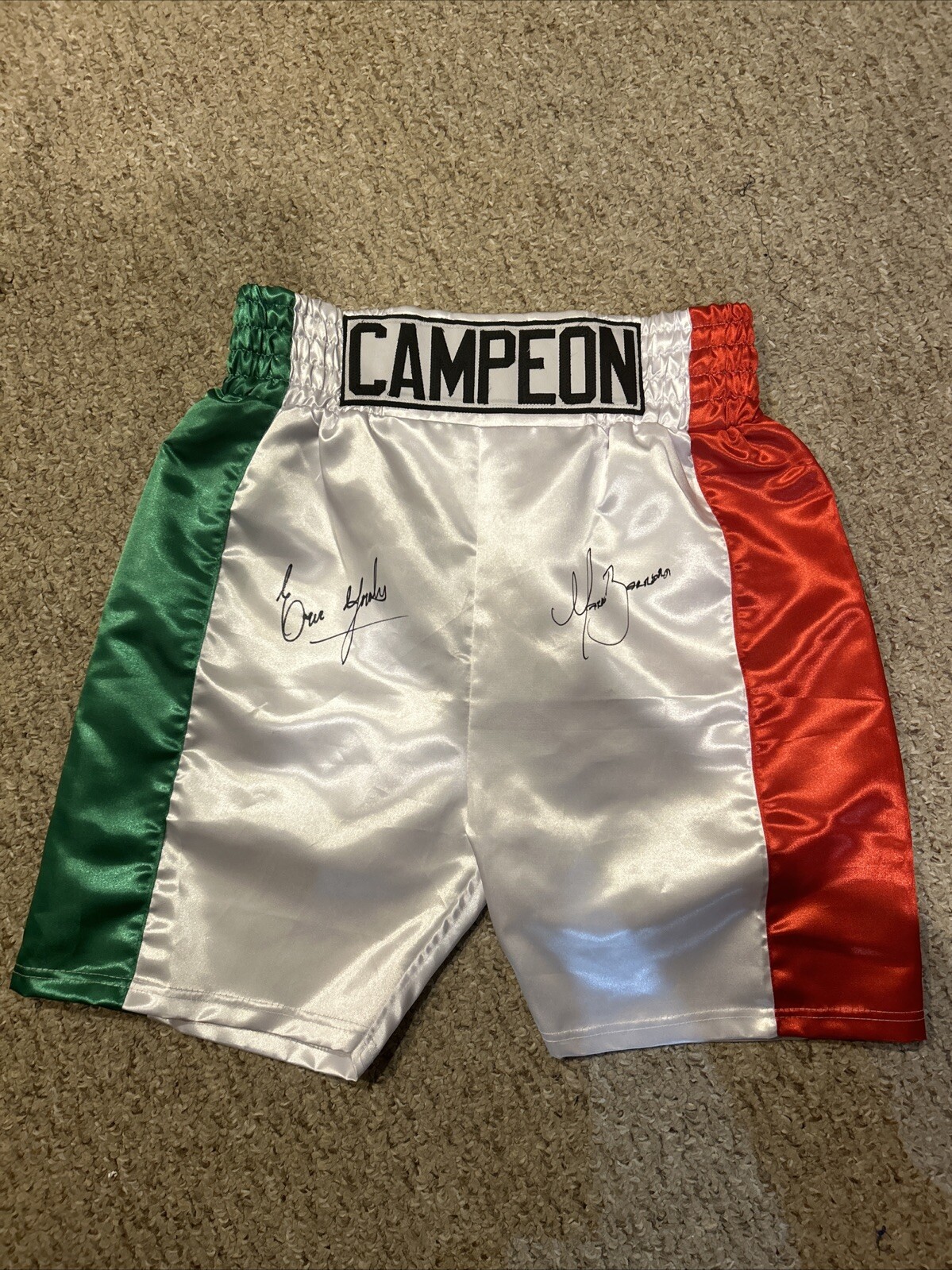 ERIK MORALES MARCO ANTONIO BARRERA SIGNED AUTOGRAPH BOXING TRUNKS TRISTAR COA