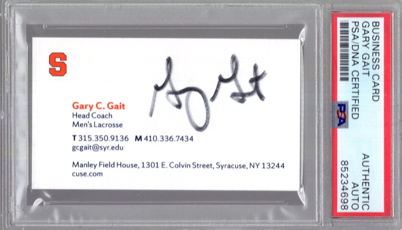 GARY GAIT HAND SIGNED SYRACUSE BUSINESS CARD LACROSSE LEGEND PSA SLABBED
