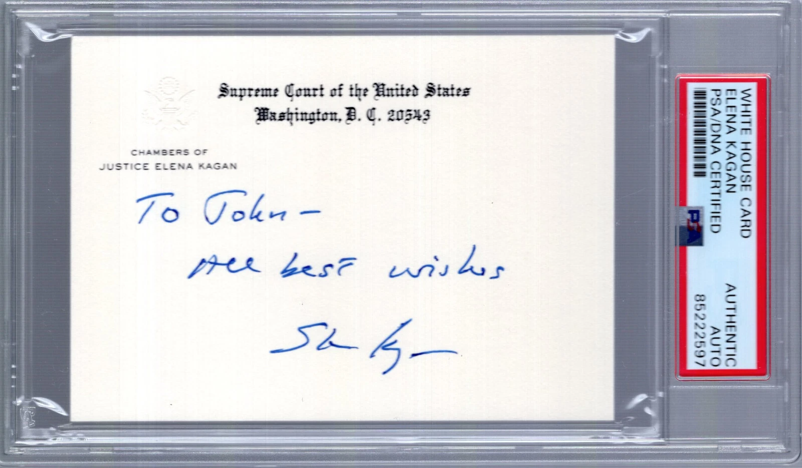 ELENA KAGAN SIGNED SUPREME COURT CHAMBERS CARD TO JOHN PSA SLABBED