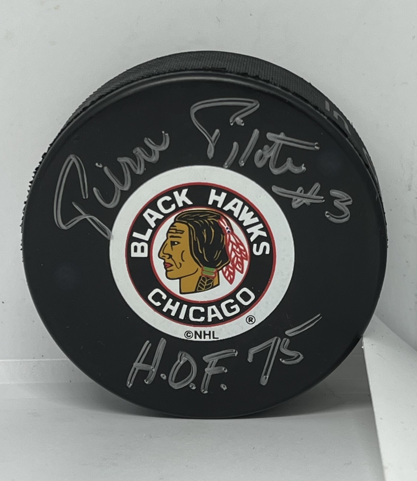 Pierre Pilote signed Chicago Blackhawks Puck autographed W/ HOF Inscrip Beckett