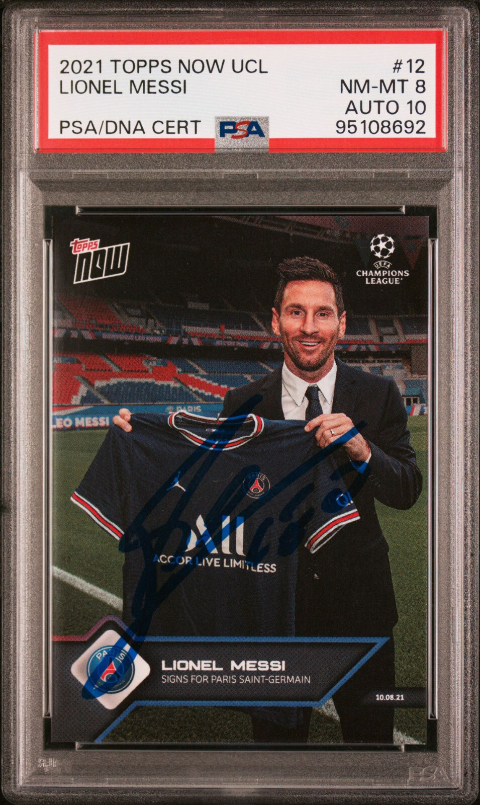Lionel Messi Autographed 2021 Topps Now Uefa Champions League UCL #12 PSA 8