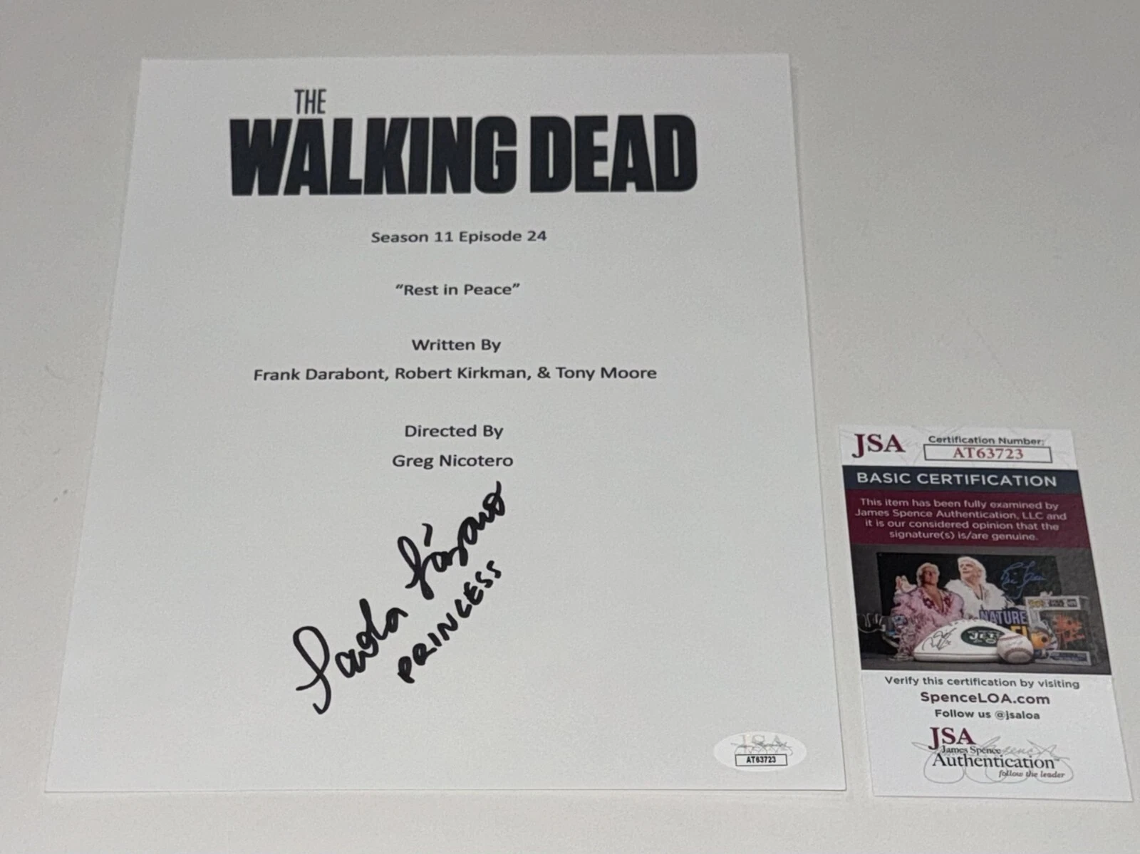 PAOLA LAZARO SIGNED THE WALKING DEAD REST IN PEACE SERIES FINALE SCRIPT JSA COA
