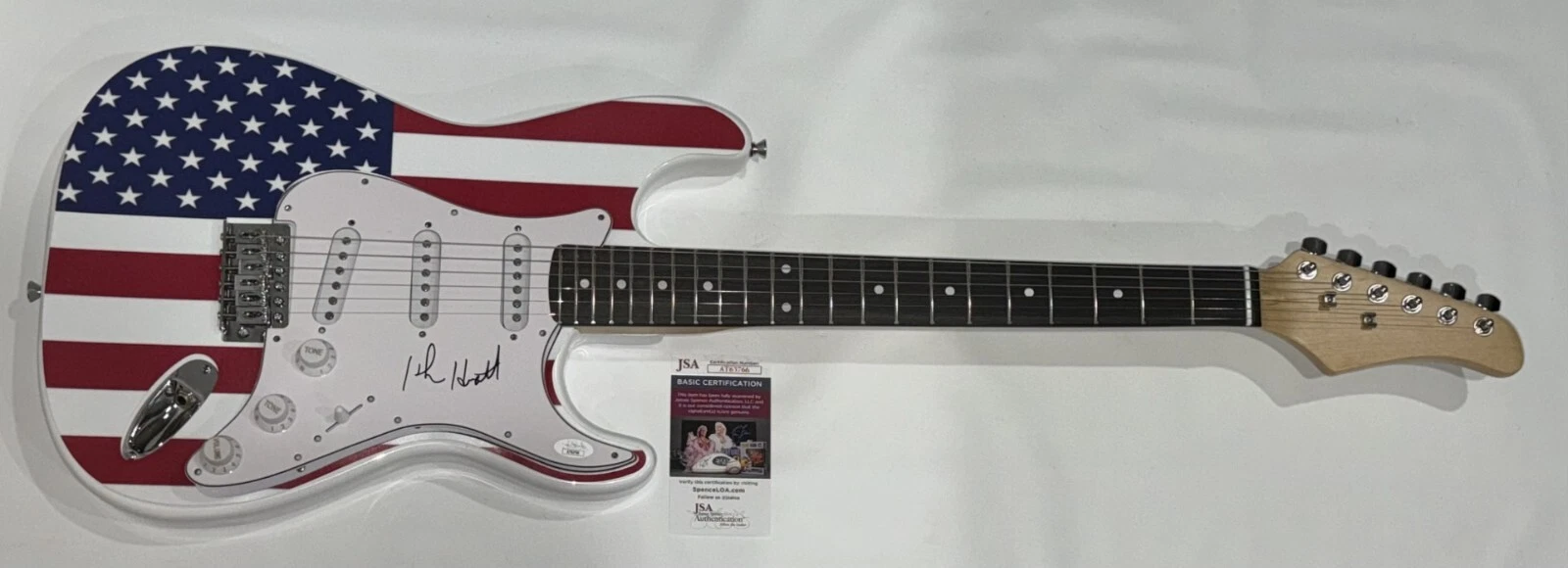 JOHN HIATT SIGNED USA FLAG ELECTRIC GUITAR LEGEND AUTOGRAPHED JSA COA