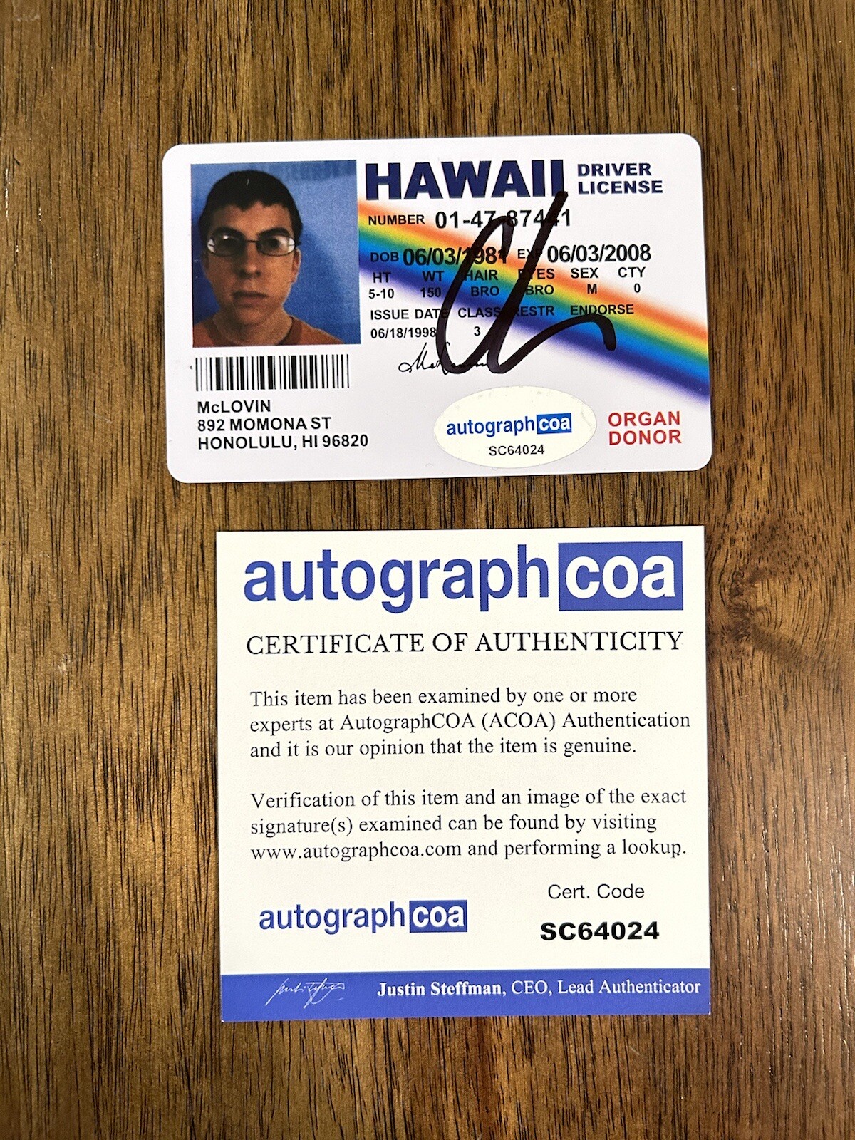 Christopher Mintz-Plasse Signed Mclovin Fake ID License ACOA PROOF