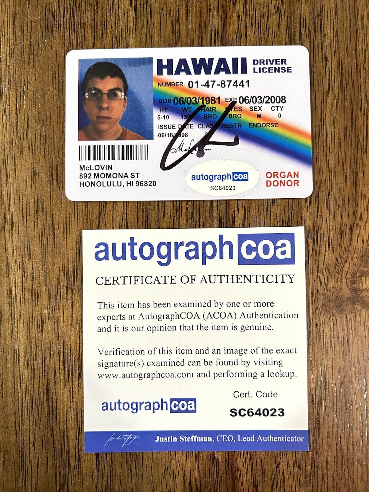 Christopher Mintz-Plasse Signed Mclovin Fake ID License ACOA PROOF