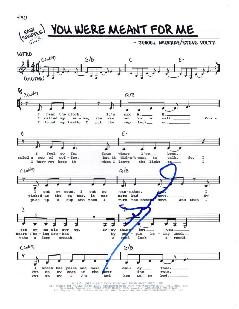 Jewel Kilcher Signed Autograph You Were Meant For Me Sheet Music - Pieces of You