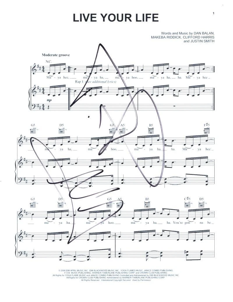 Clifford Harris TI Signed Autograph Live Your Life Sheet Music w/ Rihanna