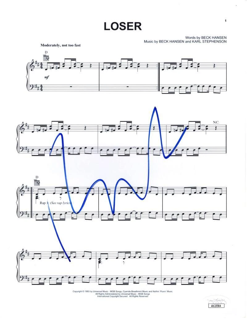 Beck Hansen Signed Autograph Loser Sheet Music - Mellow Gold w/ JSA COA
