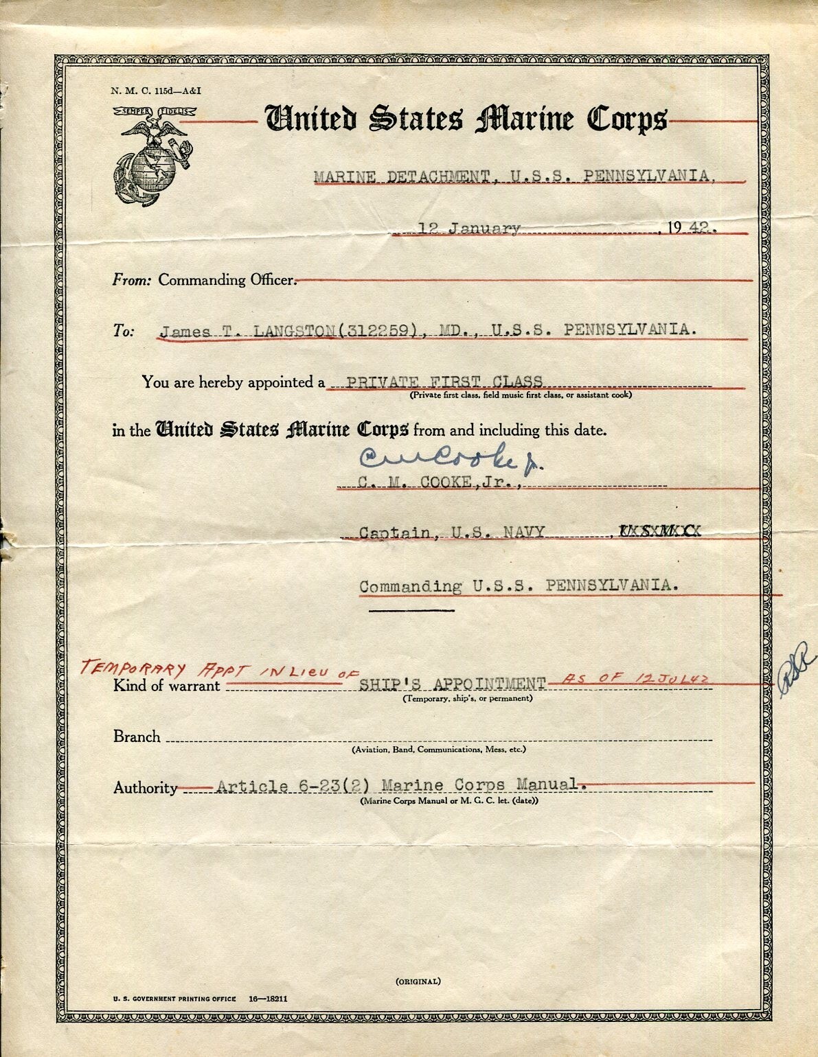 Admiral Charles M. Cooke Jr. Pearl Harbor USS Pennsylvania Capt Signed Autograph