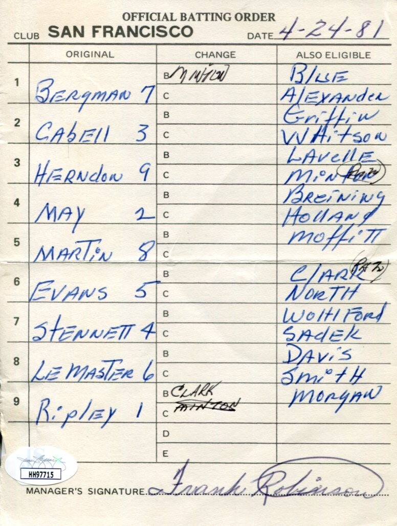 Frank Robinson Cincinnati Reds San Francisco Giants HOF Signed Ori Scorecard JSA