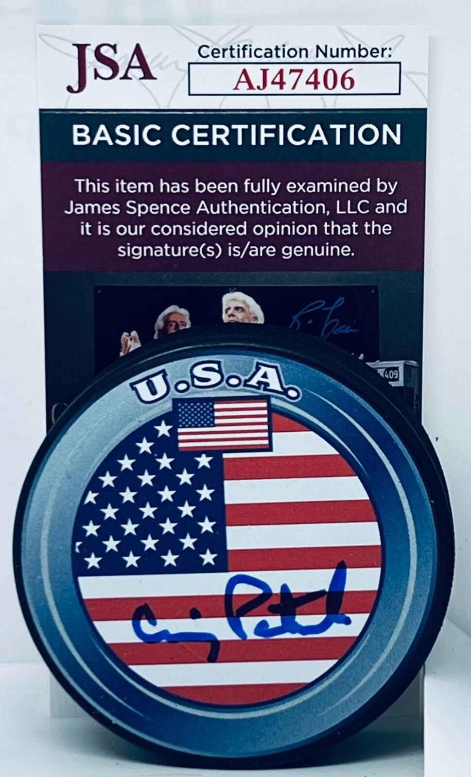 Craig Patrick 1980 Miracle On Ice signed Team USA Flag Puck autographed JSA