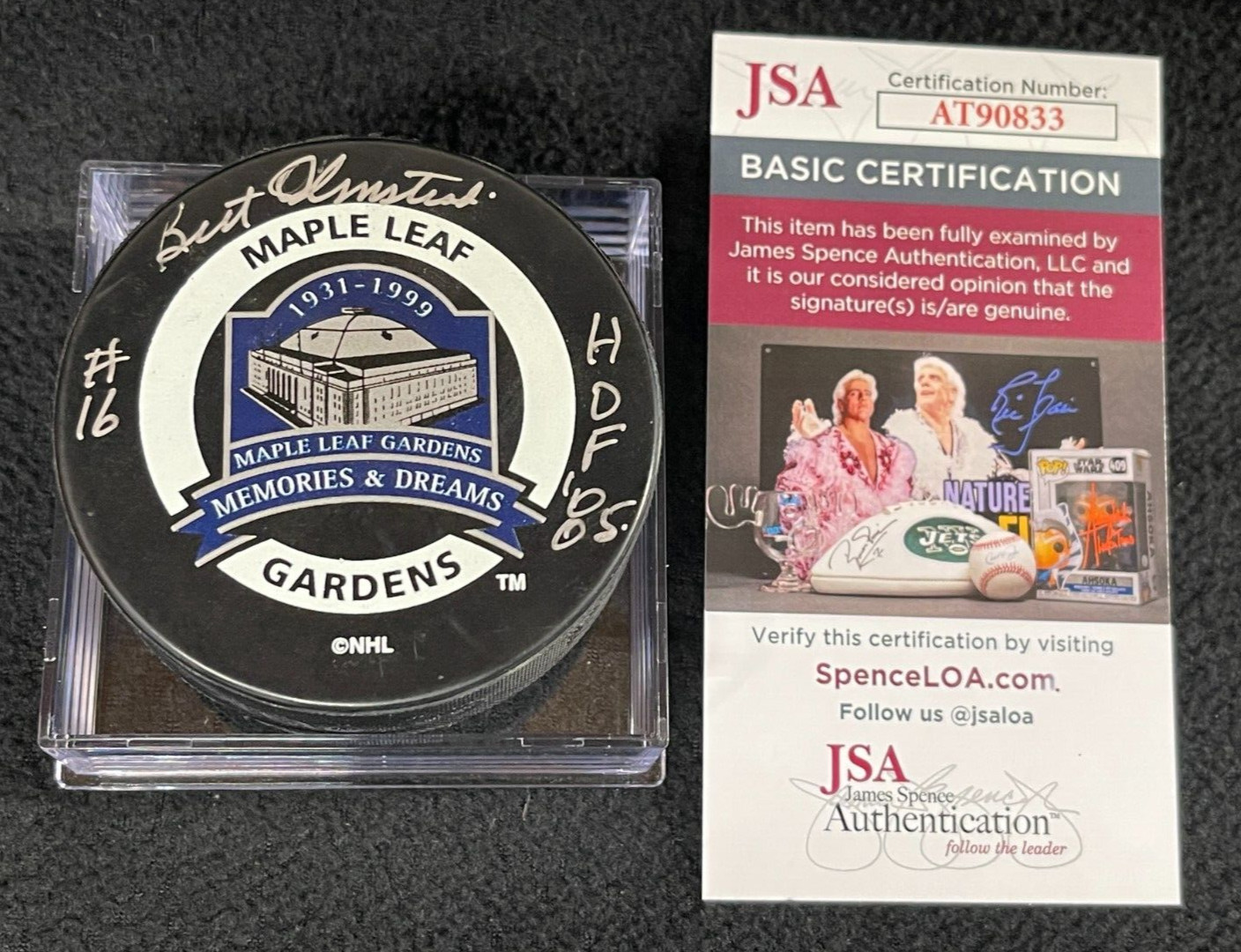 Bert Olmstead Signed Toronto Maple Leafs Gardens Final Season Game Puck JSA COA