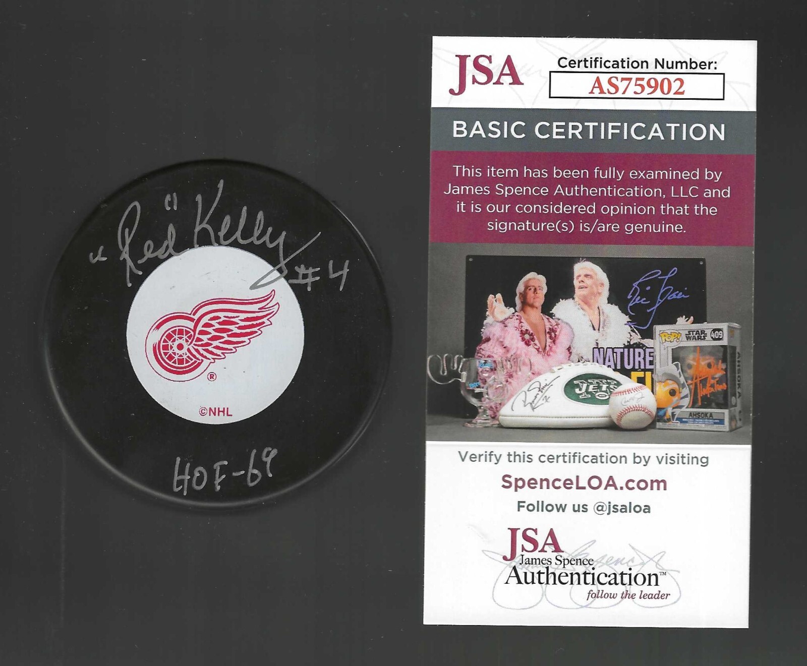“RED” KELLY SIGNED & INSCRIBED DETROIT RED WINGS VINTAGE LOGO PUCK JSA COA COLLECTIBLE MEMORABILIA