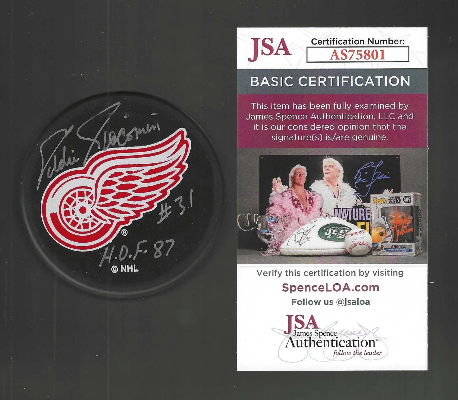 Eddie Giacomin Signed & Inscribed Detroit Red Wings Ravens Athletic Puck JSA COA