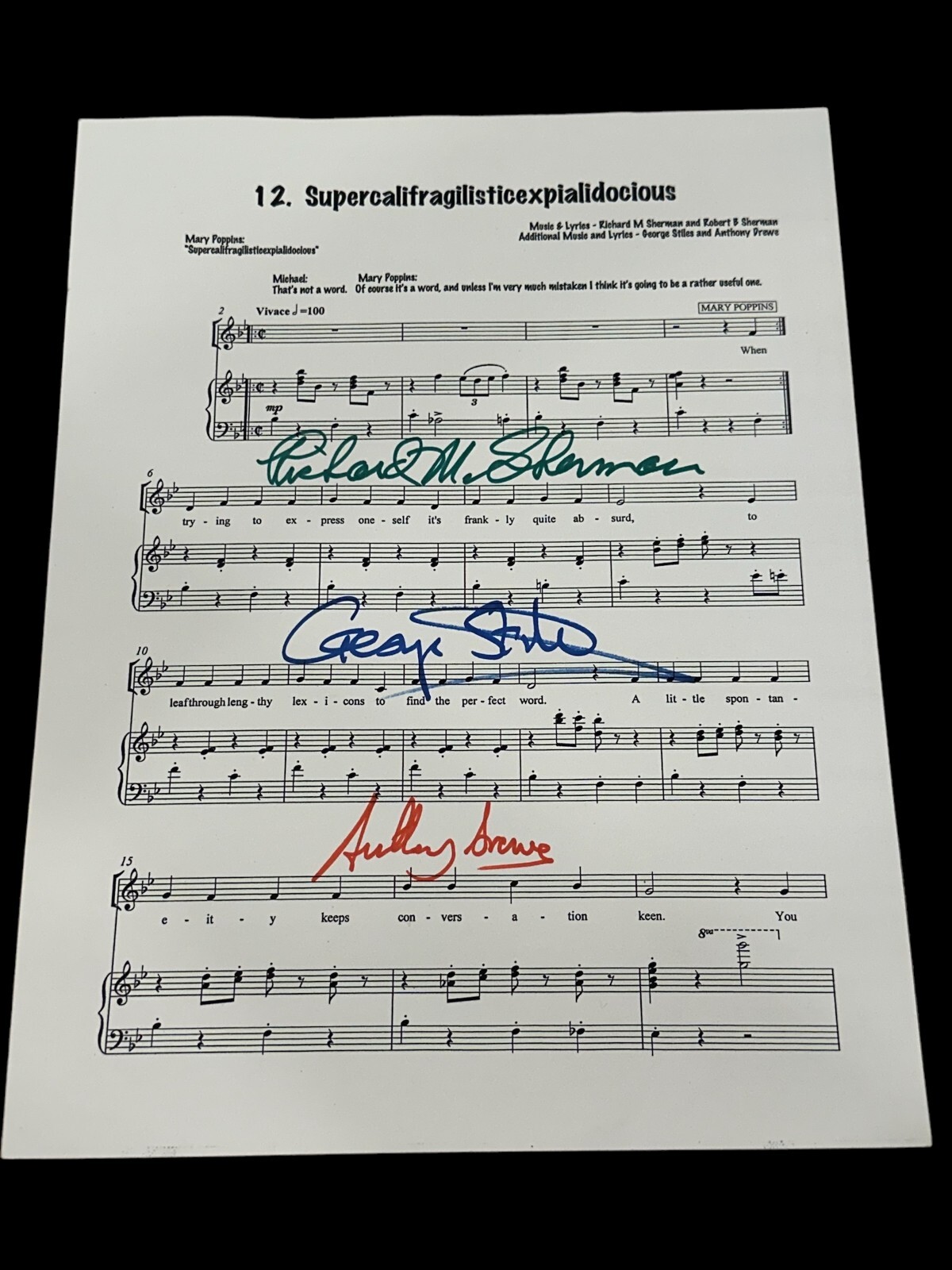 Richard Sherman George Stiles Anthony Drewe Signed Autograph Mary Poppins Music