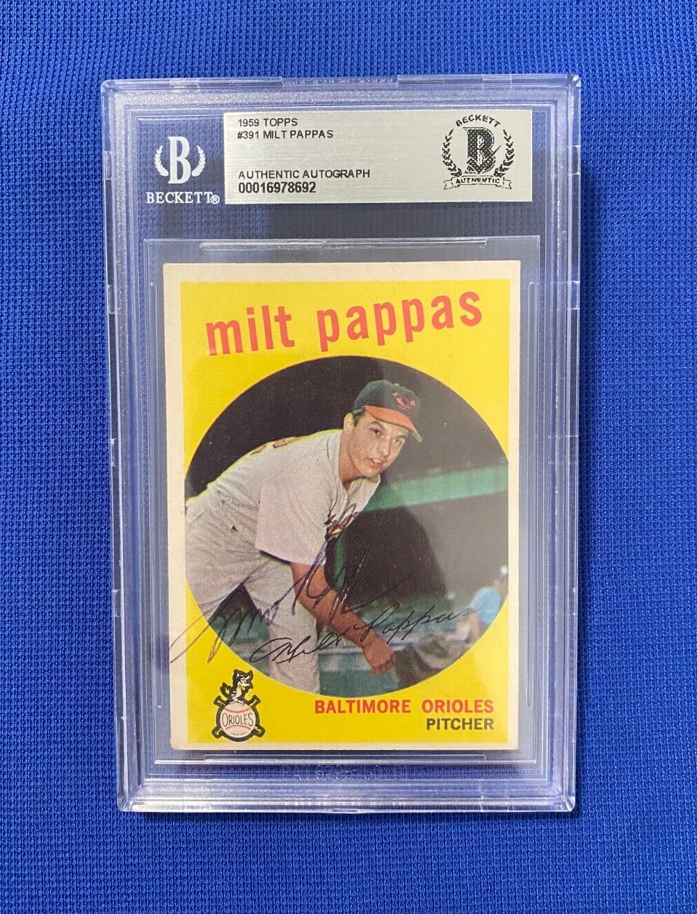1959 TOPPS MILT PAPPAS ORIOLES SIGNED AUTOGRAPHED AUTO CARD #391 BECKETT AUTH