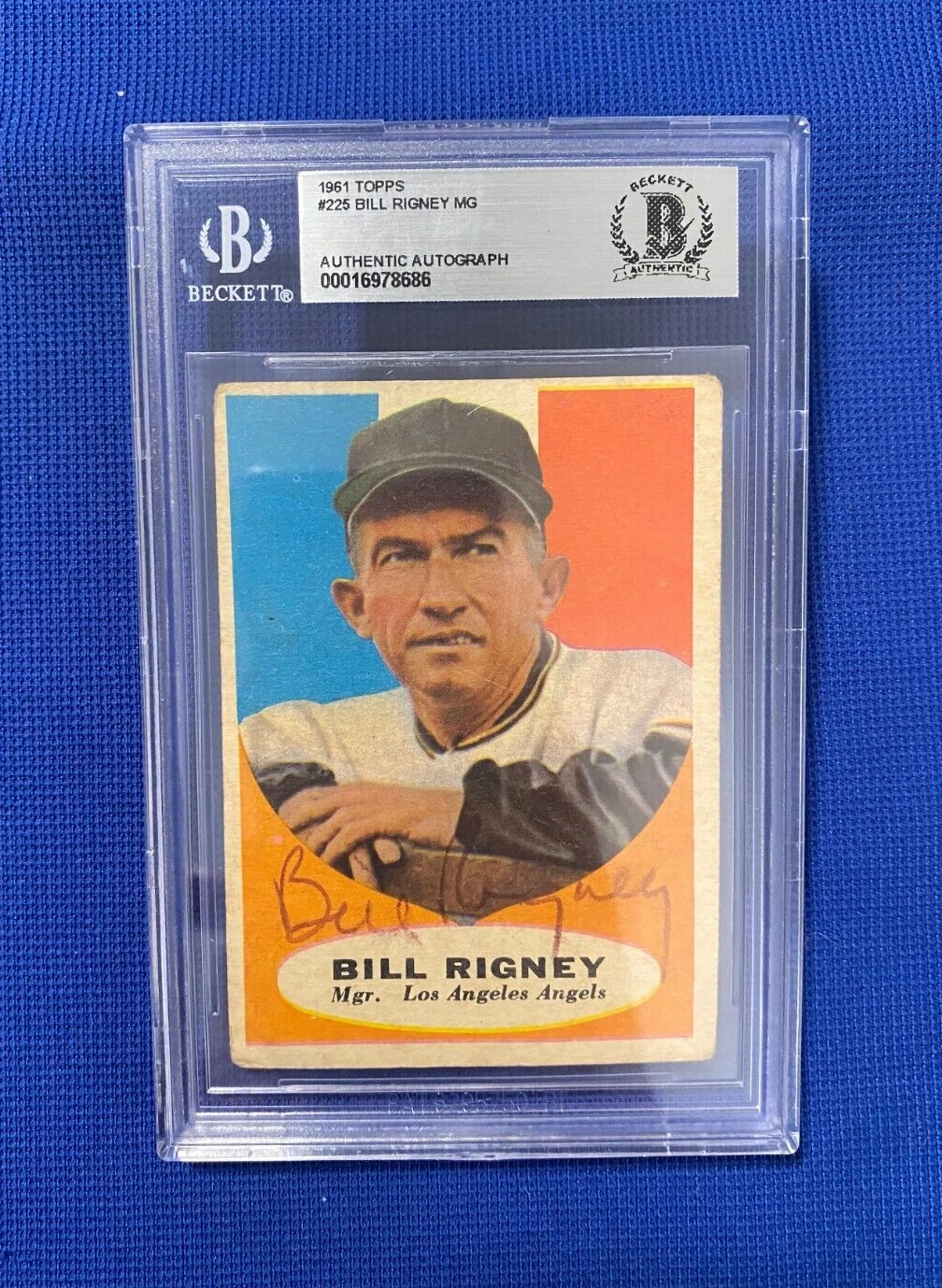 1961 TOPPS BILL RIGNEY ANGELS SIGNED AUTOGRAPHED AUTO CARD #225 BECKETT AUTH