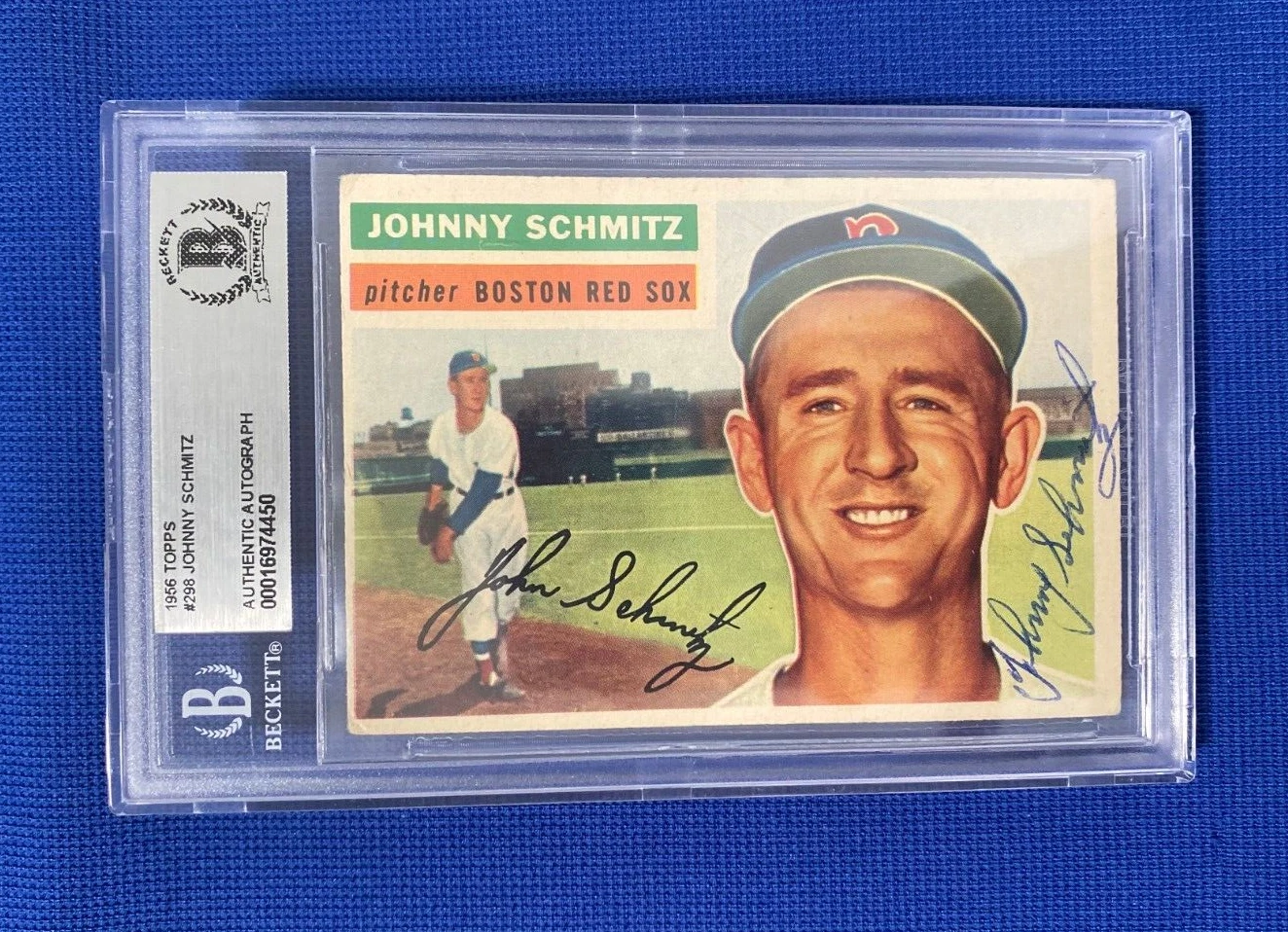 1956 TOPPS JOHNNY SCHMITZ RED SOX SIGNED AUTOGRAPHED AUTO #298 CARD BECKETT AUTH