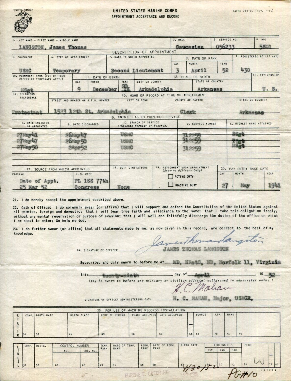 James Thomas Langston Pearl Harbor USS Pennsylvania Signed Autograph Archive