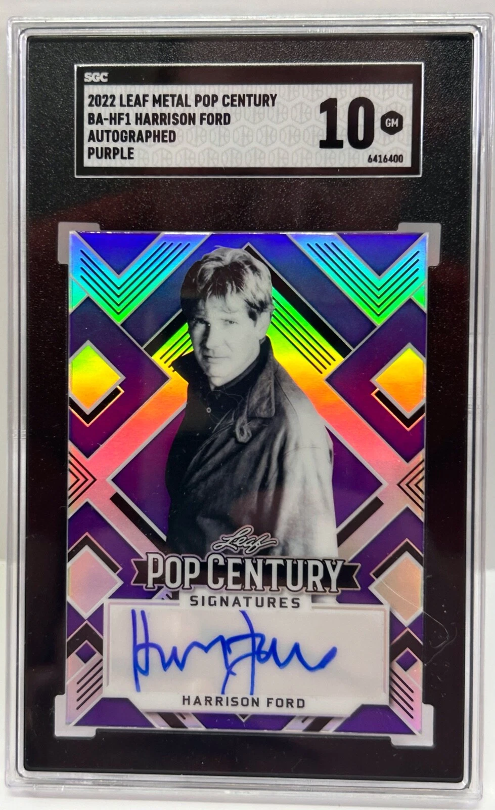 HARRISON FORD Signed Slabbed Leaf Metal Pop Century 8/8 Purple Mint 10 Auto SGC