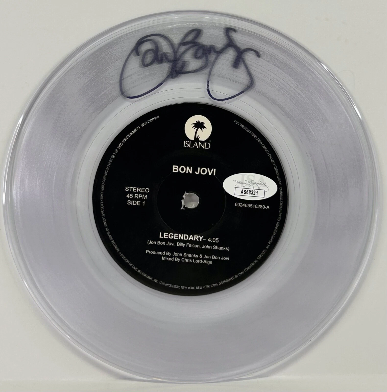 JON BON JOVI Signed Autograph Clear 45 Album Cover 