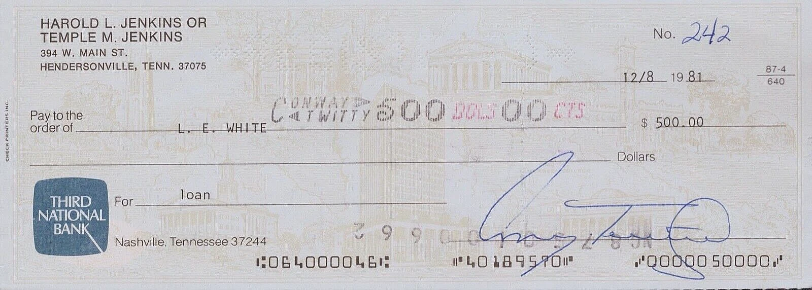 CONWAY TWITTY Signed Autograph Check JSA COA 264 Paid to LE White, Song Writer