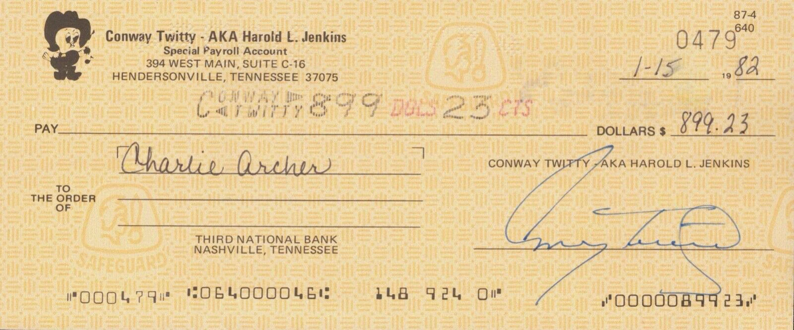 CONWAY TWITTY Signed Autograph Check JSA COA 262 Made to Charlie Archer, Guitar