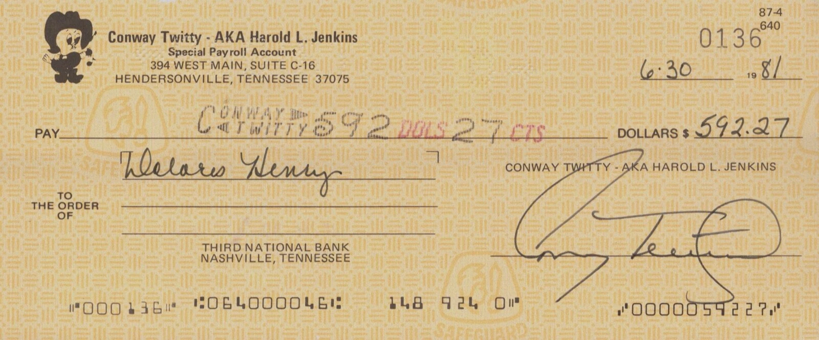 CONWAY TWITTY Signed Autograph Check JSA COA 263 Paid to Delores Henry, Widow