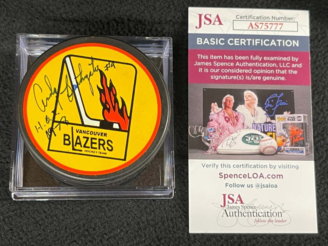 Andy Bathgate Signed Vancouver Blazers WHA Souvenir Puck JSA COA