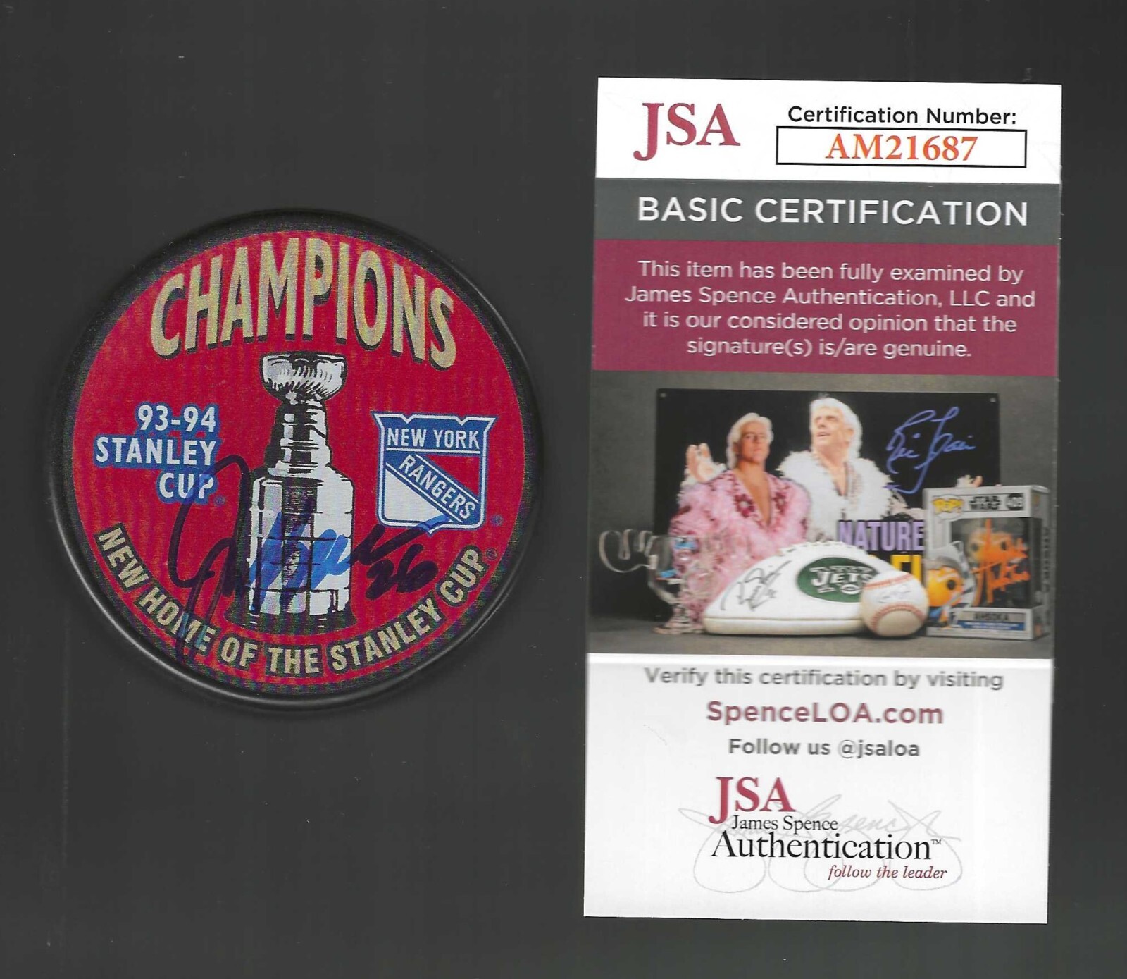 Joe Kocur Signed New York Rangers 1994 Stanley Cup Puck JSA COA Signed In Blue