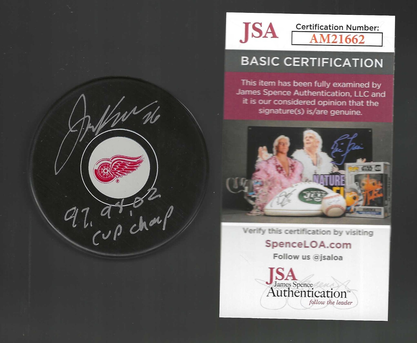 Joe Kocur Signed & Inscribed 3X Stanley Cup Detroit Red Wings Puck JSA COA