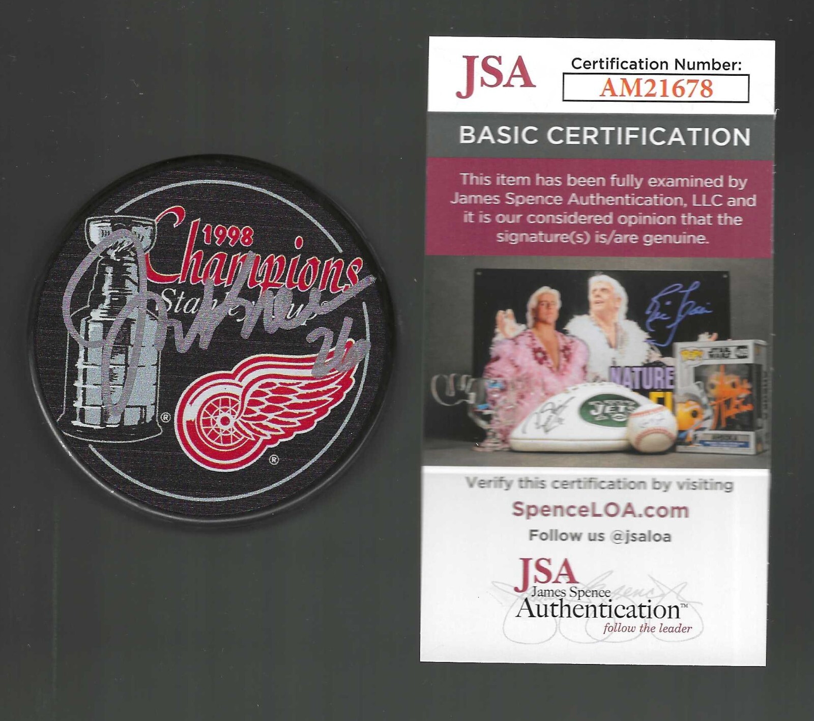 Joe Kocur Signed Detroit Red Wings 1998 Stanley Cup Champions Puck JSA COA