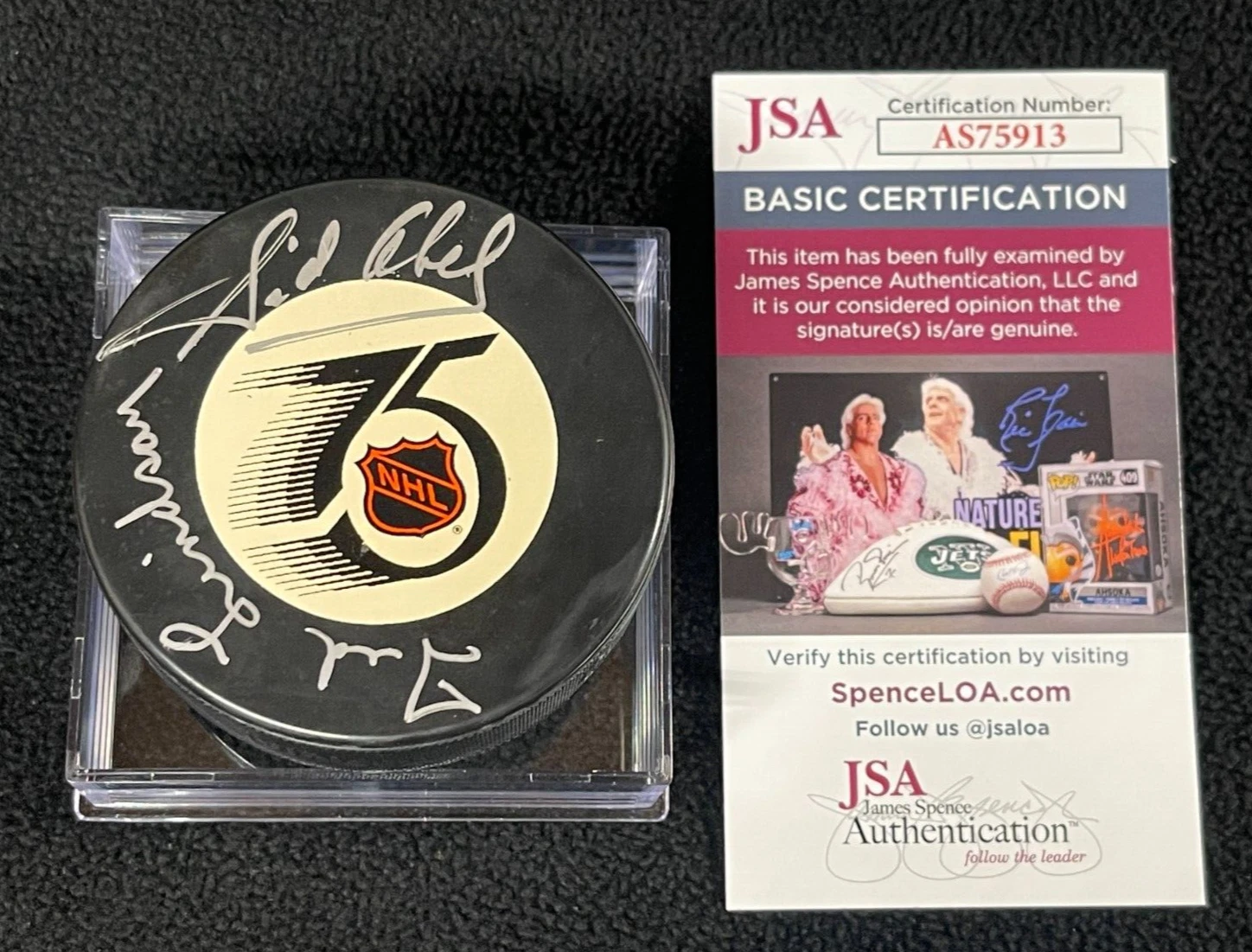 Ted Lindsay Sid Abel Signed Detroit Red Wings NHL 75 Official Game Puck JSA COA