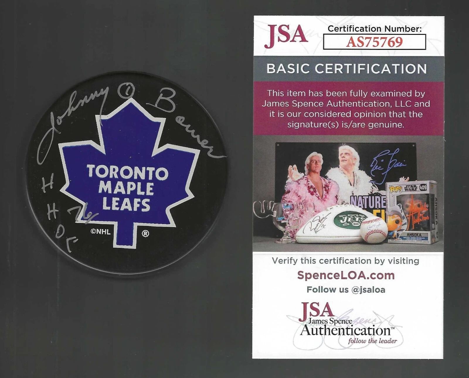 Johnny Bower Signed & Inscribed Toronto Maple Leafs Souvenir Puck JSA COA