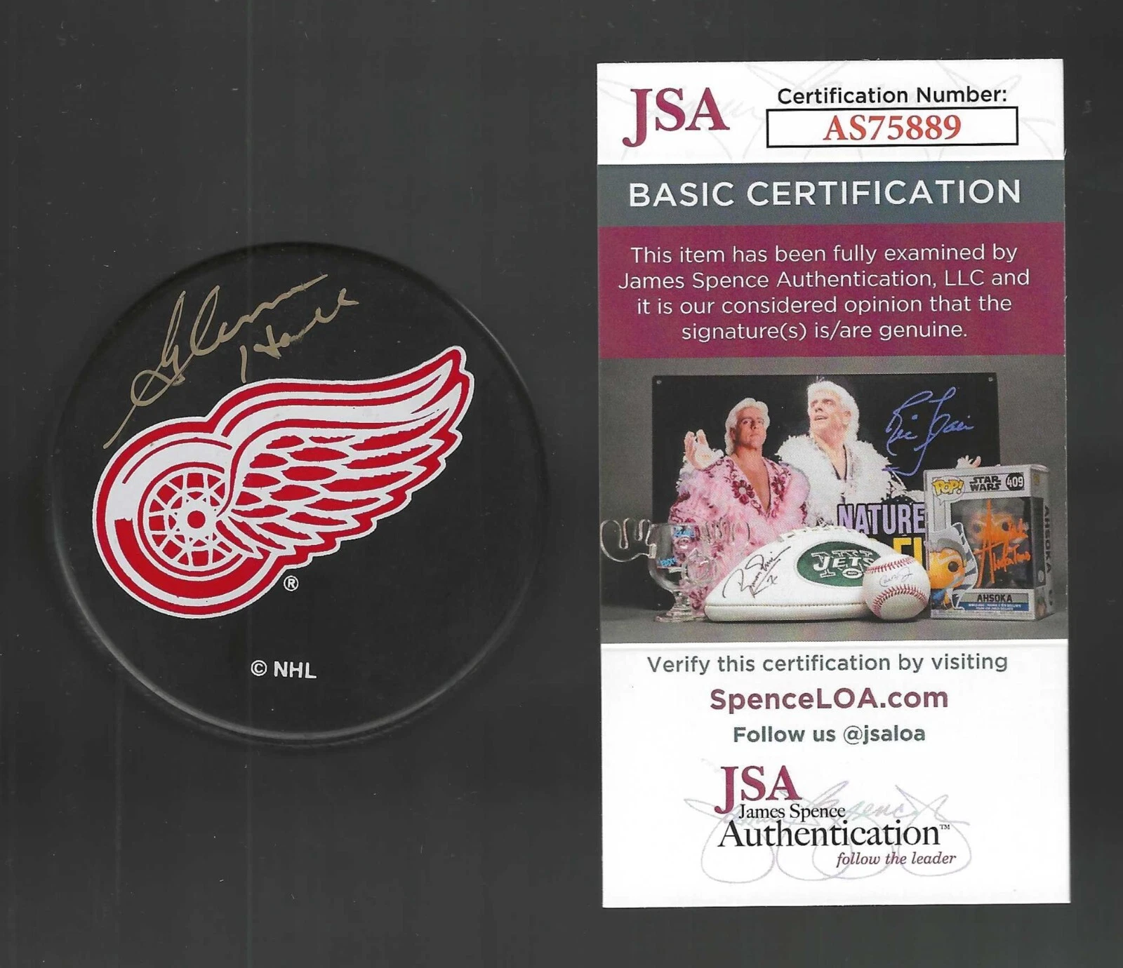 Glenn Hall Signed Detroit Red Wings Ravens Athletic Puck JSA COA Signed In Gold