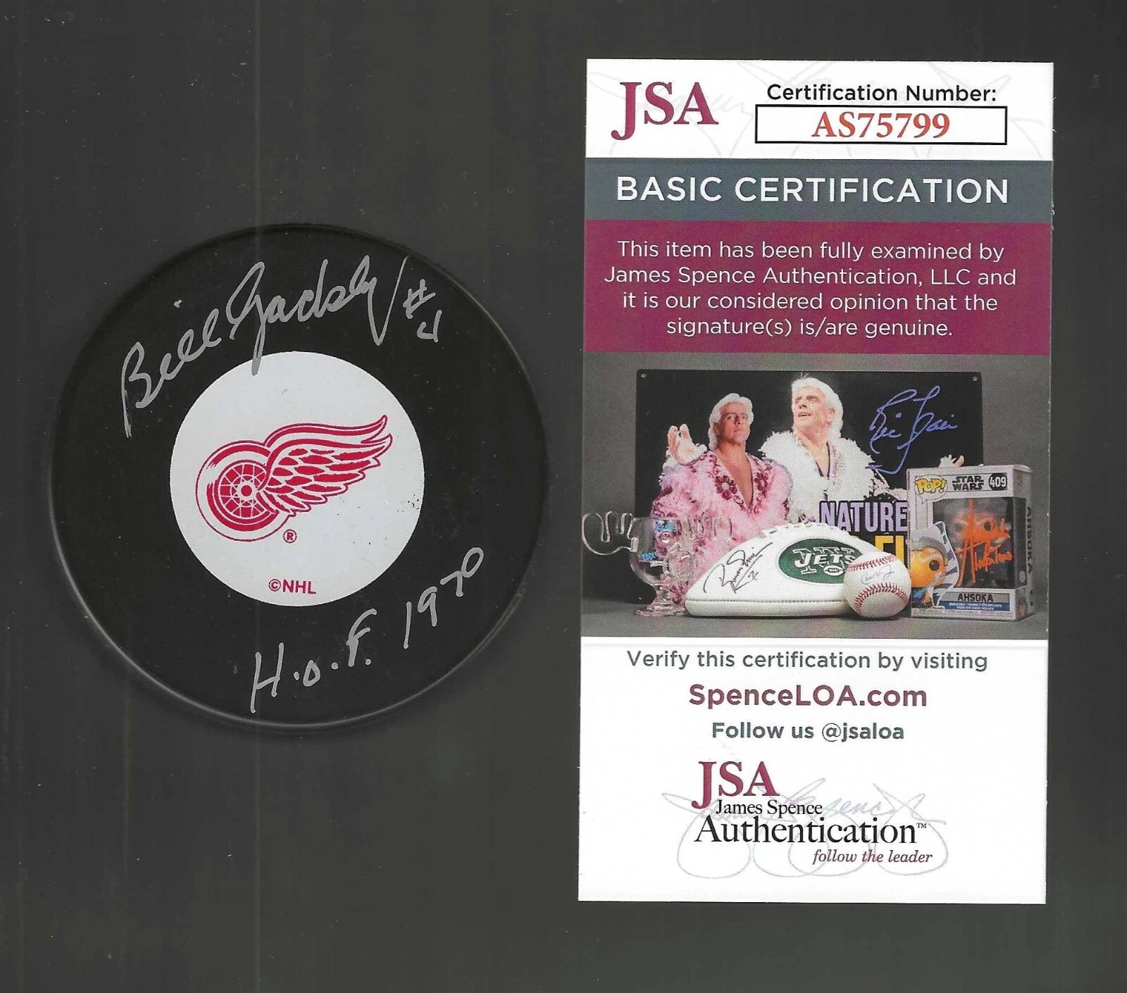 Bill Gadsby Signed & Inscribed Detroit Red Wings Puck JSA COA