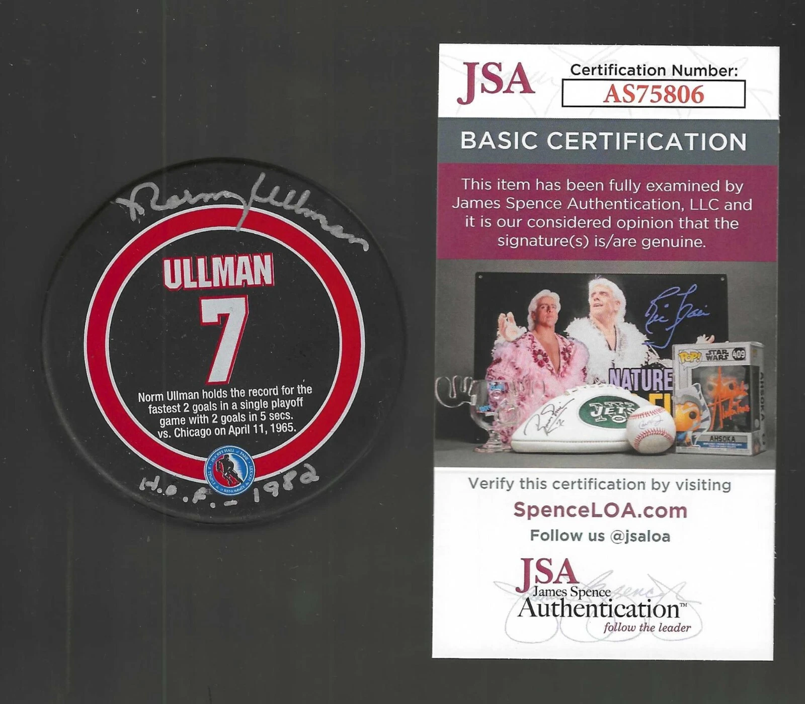 Norm Ullman Signed & Inscribed Detroit Red Wings HOF Souvenir Puck JSA COA