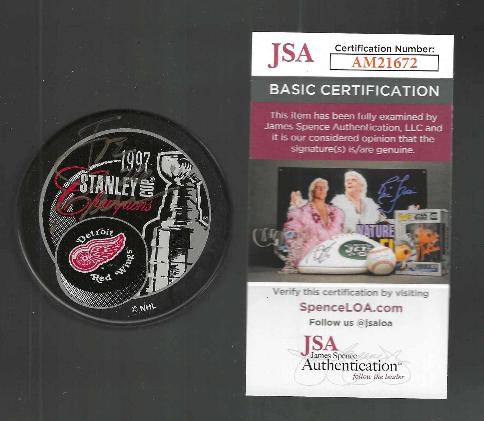 Joe Kocur Signed Detroit Red Wings 1997 Stanley Cup Champions Puck JSA COA Gold