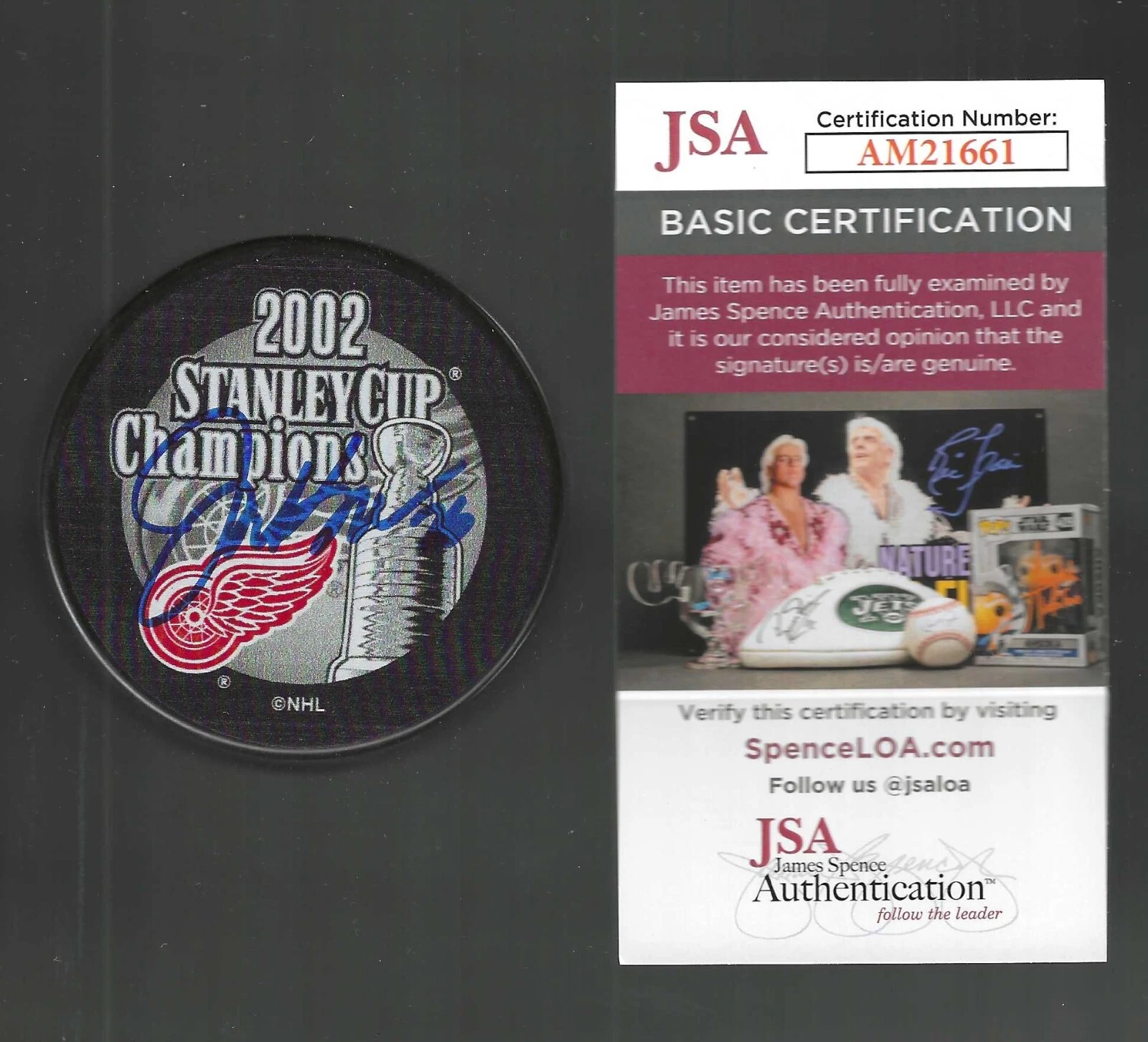 Joe Kocur Signed Detroit Red Wings 2002 Stanley Cup Champions Puck JSA COA