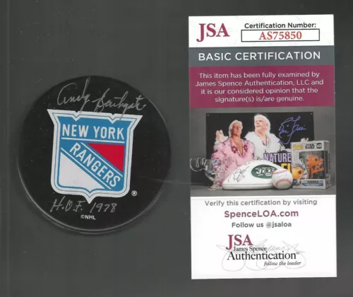 Andy Bathgate Signed & Inscribed New York Rangers Souvenir Puck JSA COA