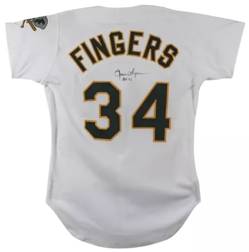 ATHLETICS ROLLIE FINGERS “HOF 92” SIGNED WHITE RUSSELL ATHLETIC JERSEY BAS COLLECTIBLE MEMORABILIA