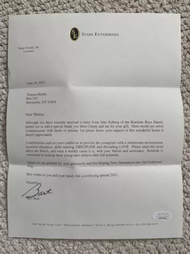 BART STARR HAND SIGNED LETTER ON LETTERHEAD GREEN BAY PACKERS HOF QB JSA COLLECTIBLE MEMORABILIA