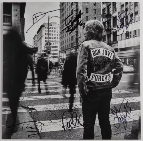 BON JOVI FULLY SIGNED JSA AUTOGRAPH ALBUM VINYL RECORD FOREVER JON BON JOVI COLLECTIBLE MEMORABILIA