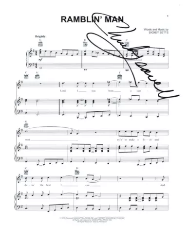 CHUCK LEAVELL SIGNED AUTOGRAPH RAMBLIN’ MAN SHEET MUSIC – ALLMAN BROTHERS BAND COLLECTIBLE MEMORABILIA