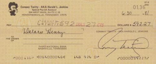 CONWAY TWITTY SIGNED AUTOGRAPH CHECK JSA COA 263 PAID TO DELORES HENRY, WIDOW COLLECTIBLE MEMORABILIA