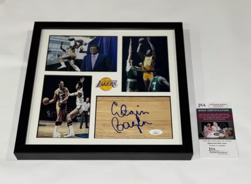 ELGIN BAYLOR SIGNED 12X12 FRAMED FLOORBOARD COLLAGE LOS ANGELES LAKERS JSA COA COLLECTIBLE MEMORABILIA