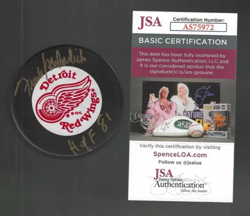 Frank Mahovlich Signed & Inscribed Detroit Red Wings Trench Puck JSA COA