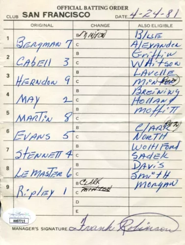 Frank Robinson Cincinnati Reds San Francisco Giants HOF Signed Ori Scorecard JSA