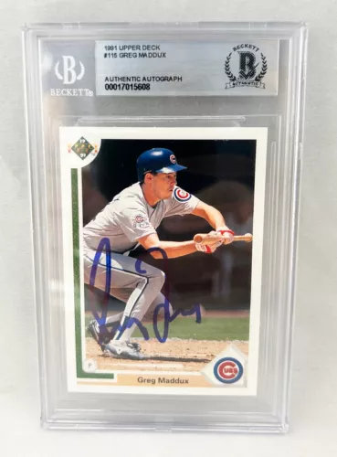 GREG MADDUX SIGNED CARD 1991 UPPER DECK #115 BECKETT BAS COA COLLECTIBLE MEMORABILIA