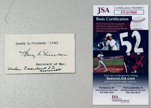 HENRY STIMSON SIGNED AUTOGRAPHED 2 X 3.5 CARD JSA CERT SECRETARY OF STATE WAR COLLECTIBLE MEMORABILIA